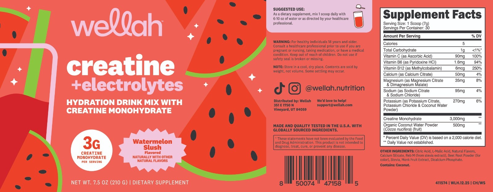 Wellah Creatine + Electrolytes Powder (Watermelon Slush) 30 Servings