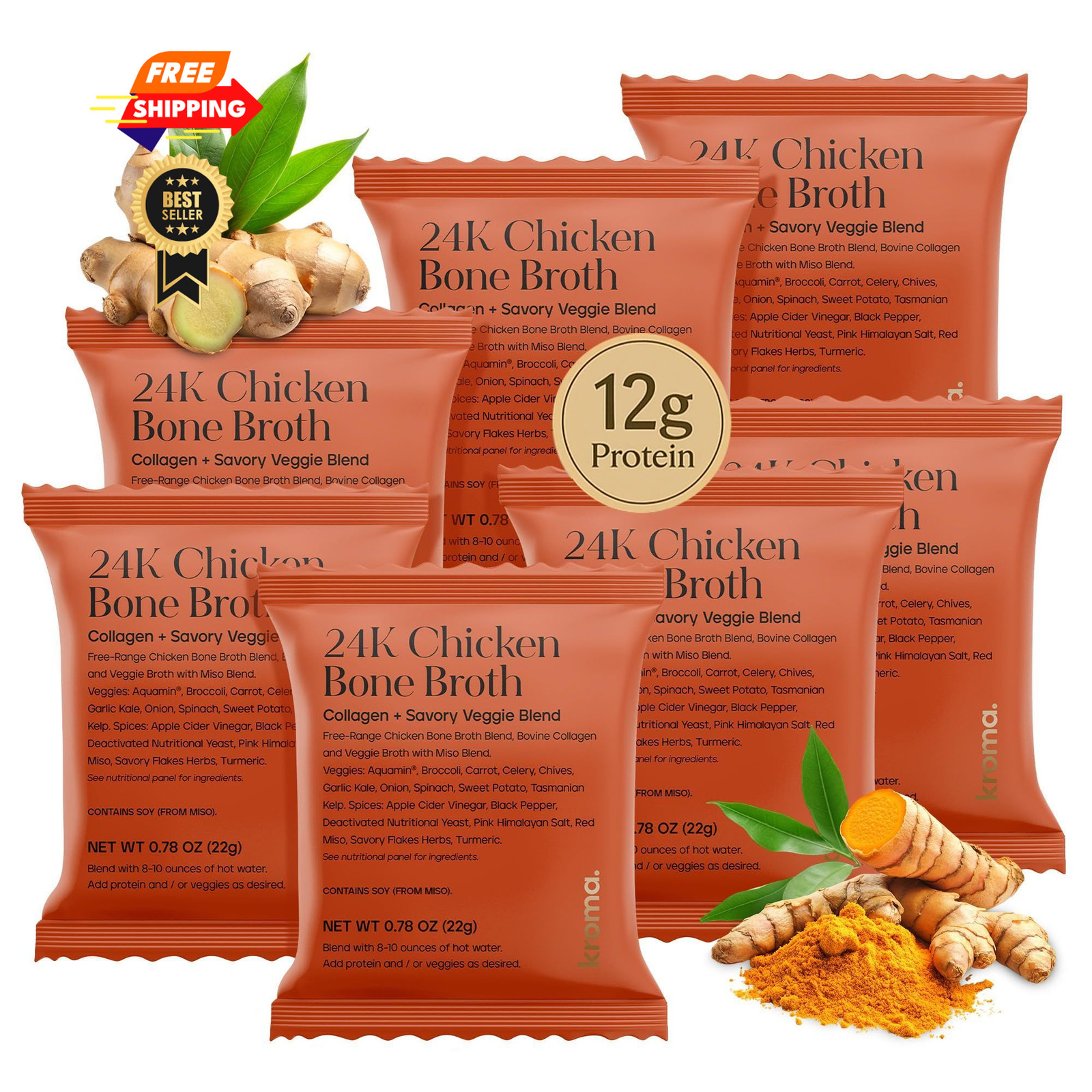 Kroma’s 24K Chicken Bone Broth Powder – 7 Pack, 7 Travel Packets (pack of 7)