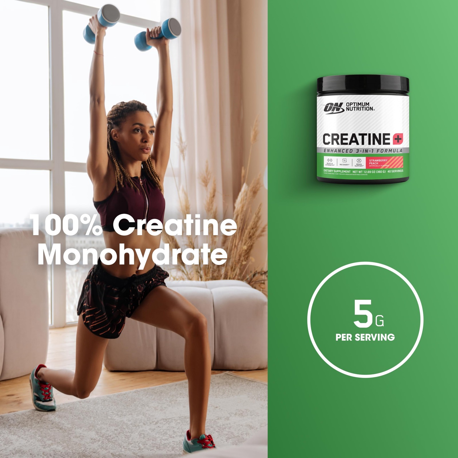 Optimum Nutrition Creatine Monohydrate plus Powder, Strawberry Peach Flavored Cr
