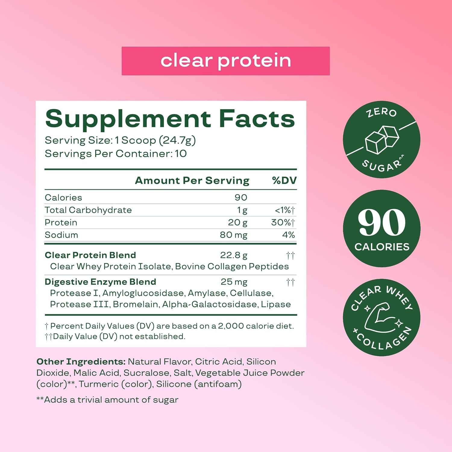 Bloom Clear Protein Powder Whey Isolate Collagen Peptides Digestive Enzymes 20g