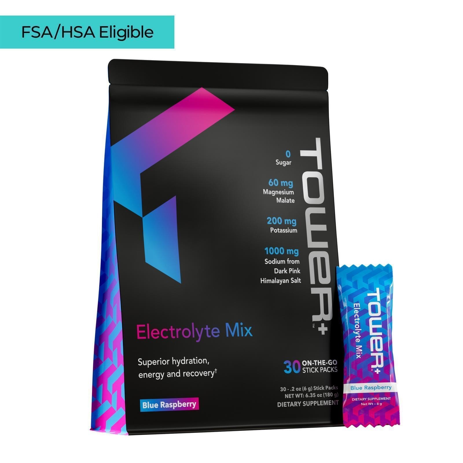 Tower+ Electrolyte Mix Blue Raspberry 30 Stick Packs Sugar Free Hydration