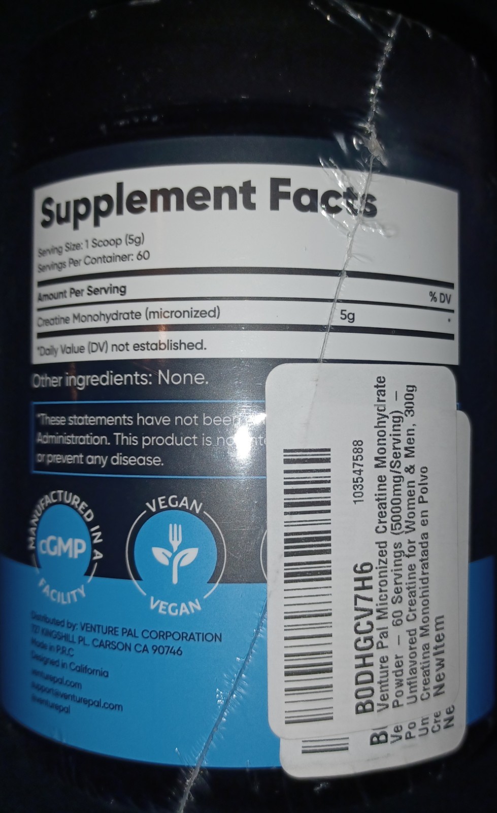 Venture Pal Micronized Creatine Monohydrate Powder 5000mg 60 Servings Unflavored