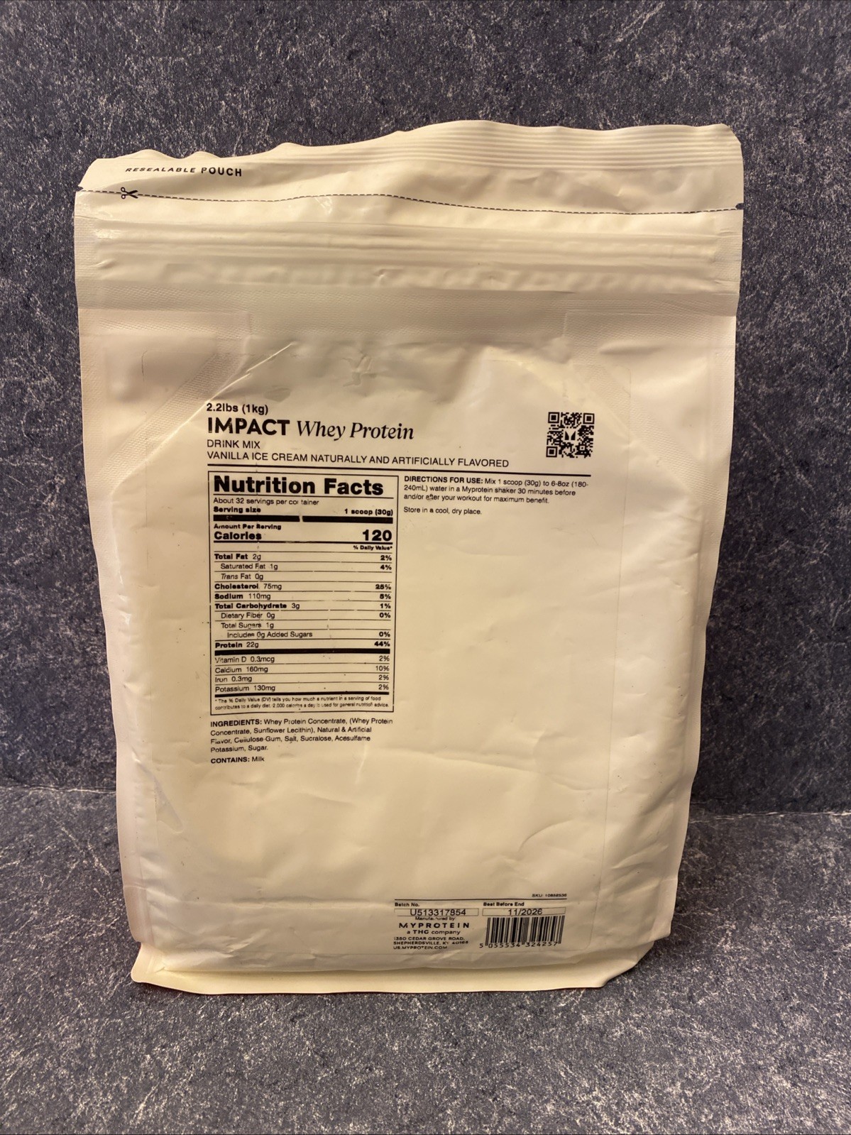 MyProtein Impact Whey Protein 2.2 Lbs Vanilla Ice Cream Drink Mix Best By 11/26