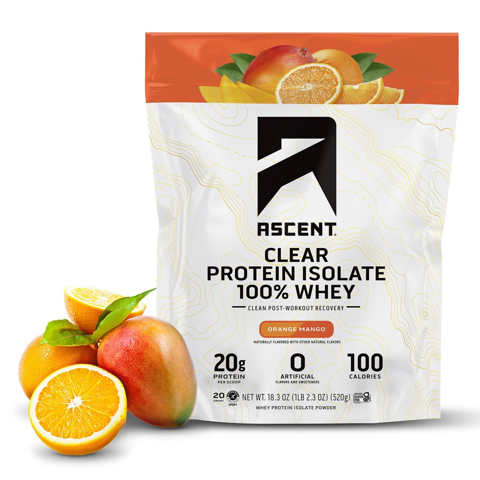 4/27 Ascent 100% Clear Whey Protein Powder Post Workout Orange Mango 20 Servings