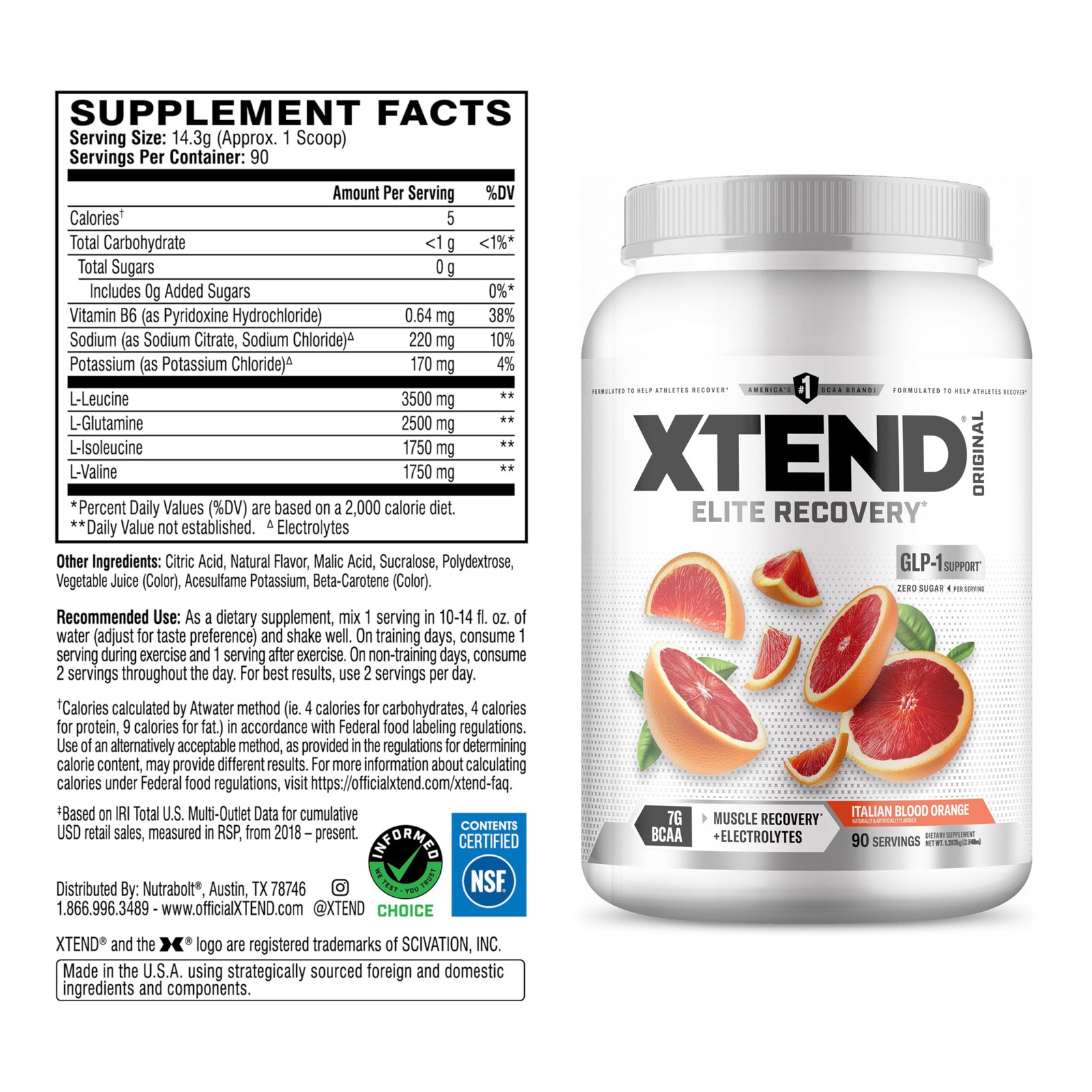 BCAA Powder 7g 2.5g L Glutamine 90 Servings Orange Xtend