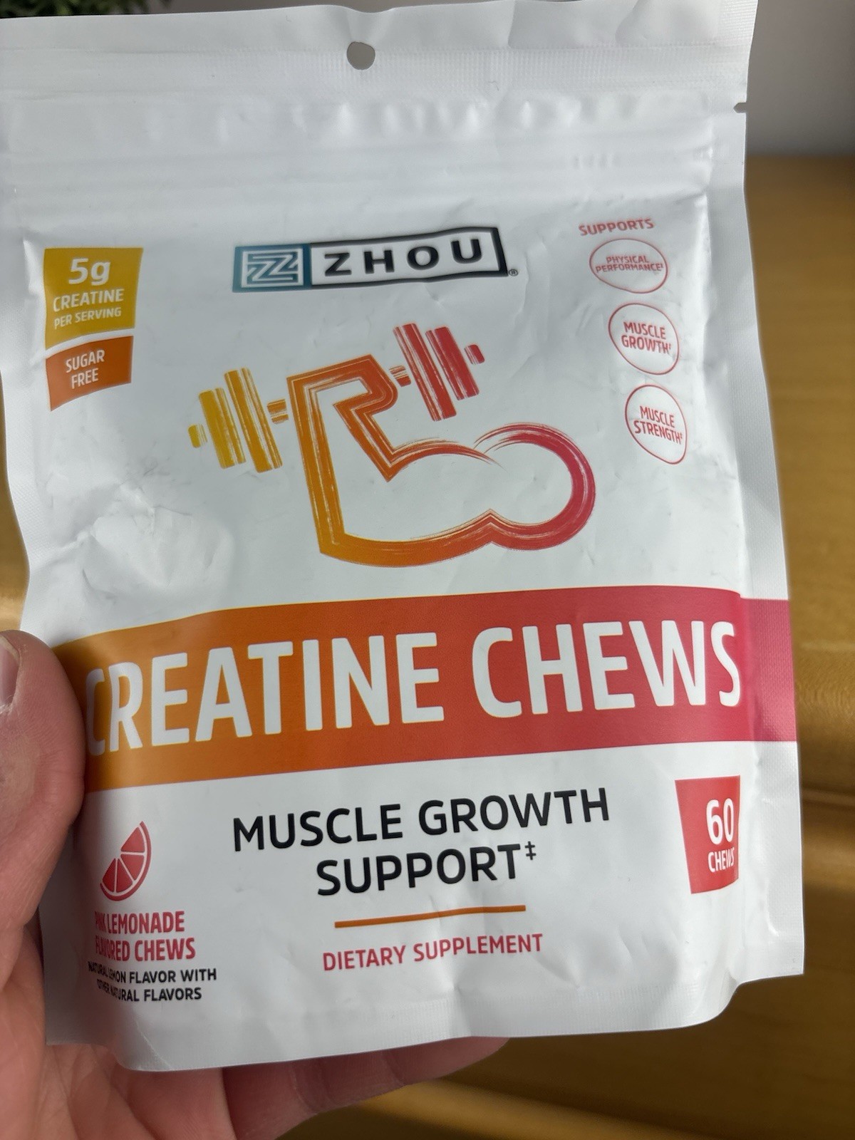 Zhou Nutrition Creatine Chews Muscle Growth Sugar-Free Pink Lemonade 60 Chews