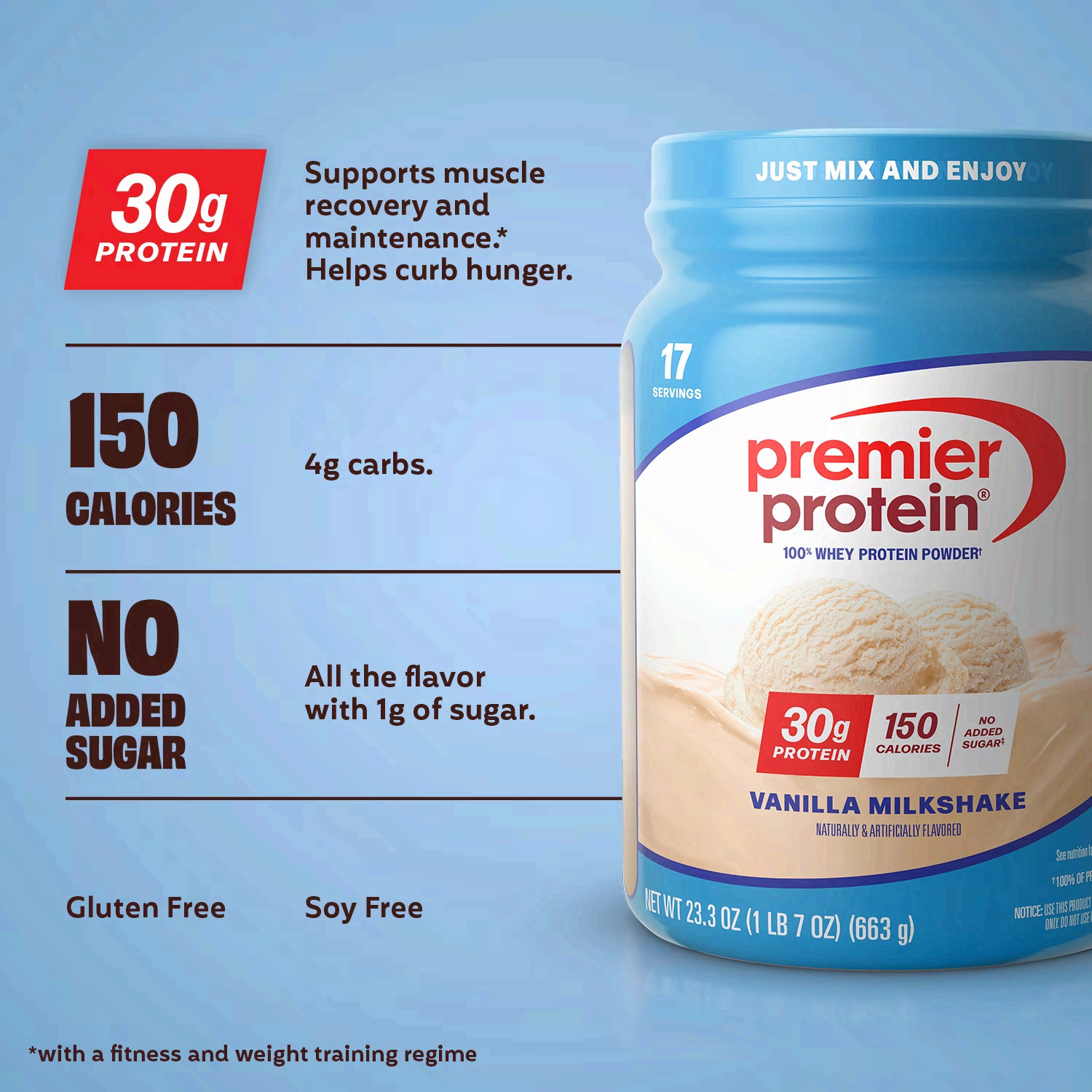 Premier Protein 100% Whey Protein Powder, Vanilla Milkshake, 30g Protein, 1.7 lb