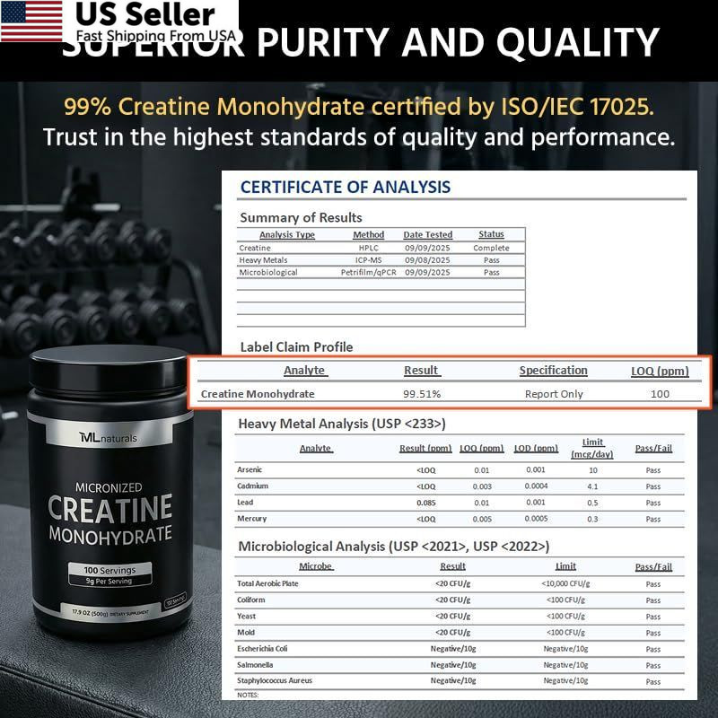 ML Naturals Micronized Creatine Monohydrate 5g (Per Serving) 500g (Pack of 1)