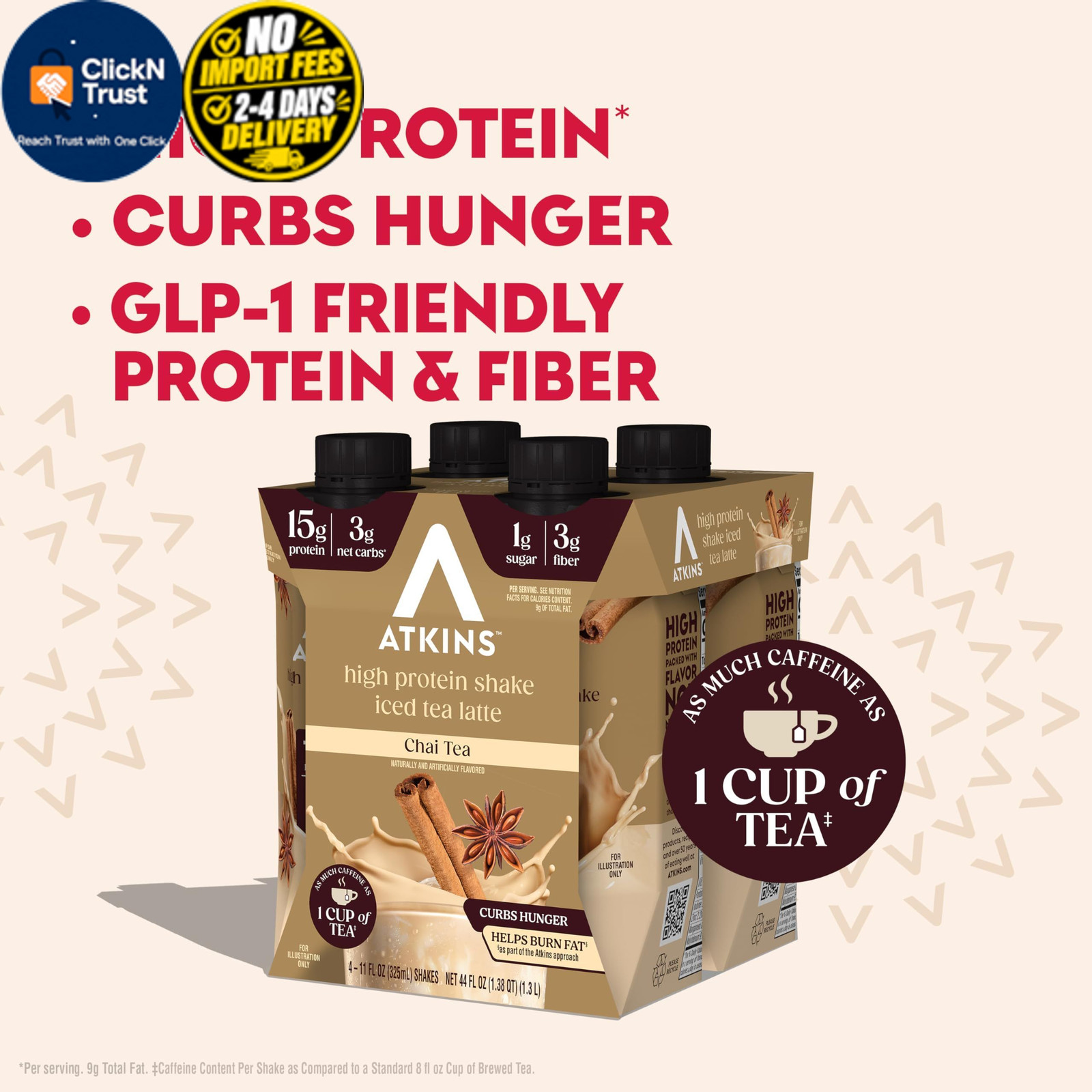Atkins Chai Tea Latte Flavored Protein Shake, High 11 Fl Oz (Pack of 12)