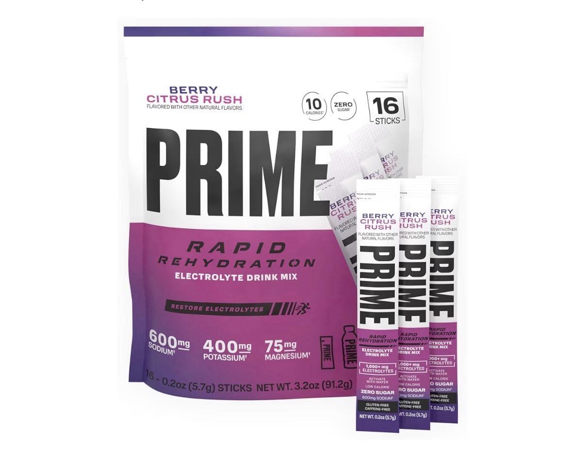 PRIME Electrolyte Hydration Powder Mix 16 Sticks Caffeine-Free Berry Citrus Rush