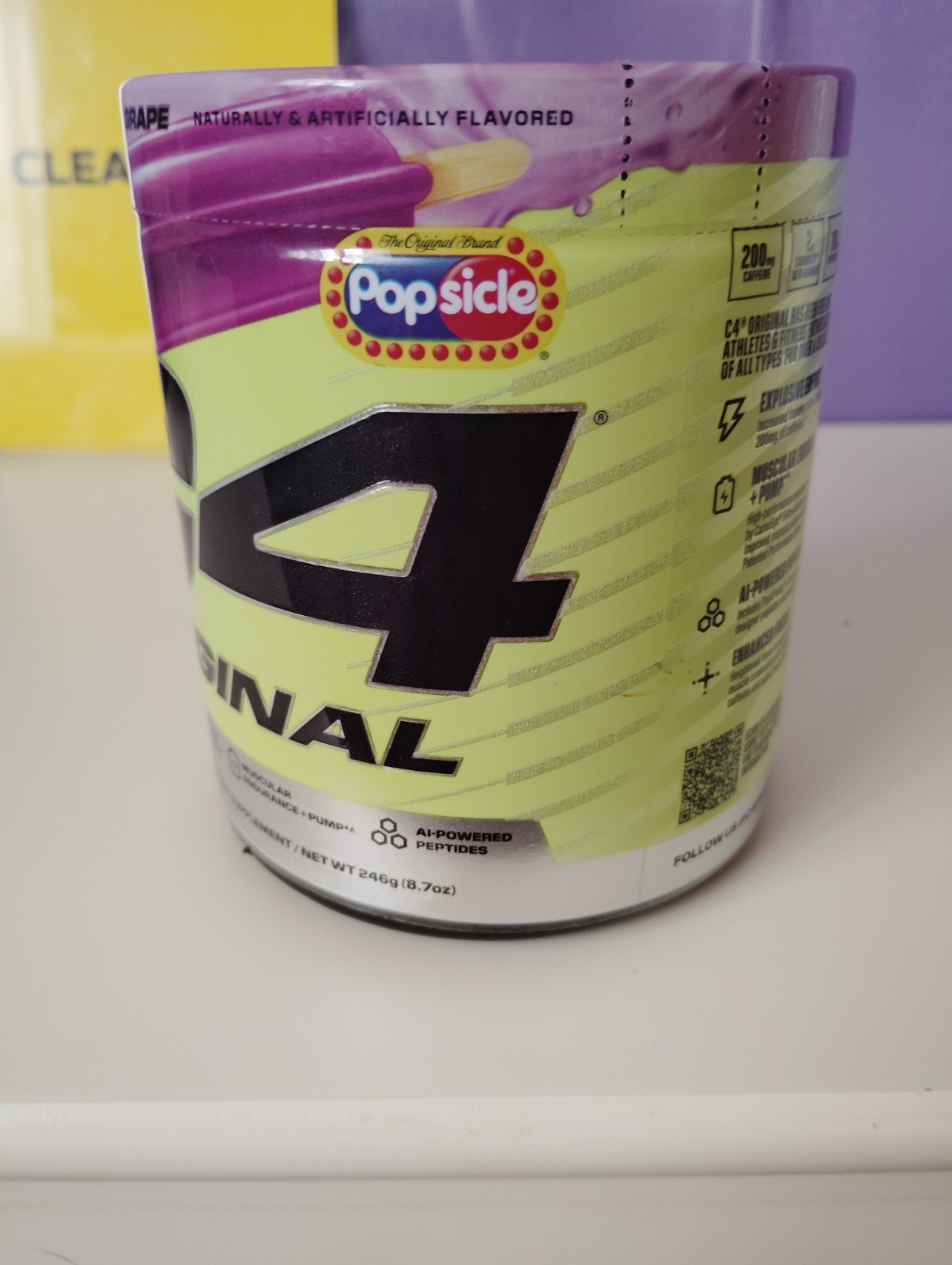 This is a Cellucor C4 Original Pre-Workout powder in the Grape Popsicle flavor.
