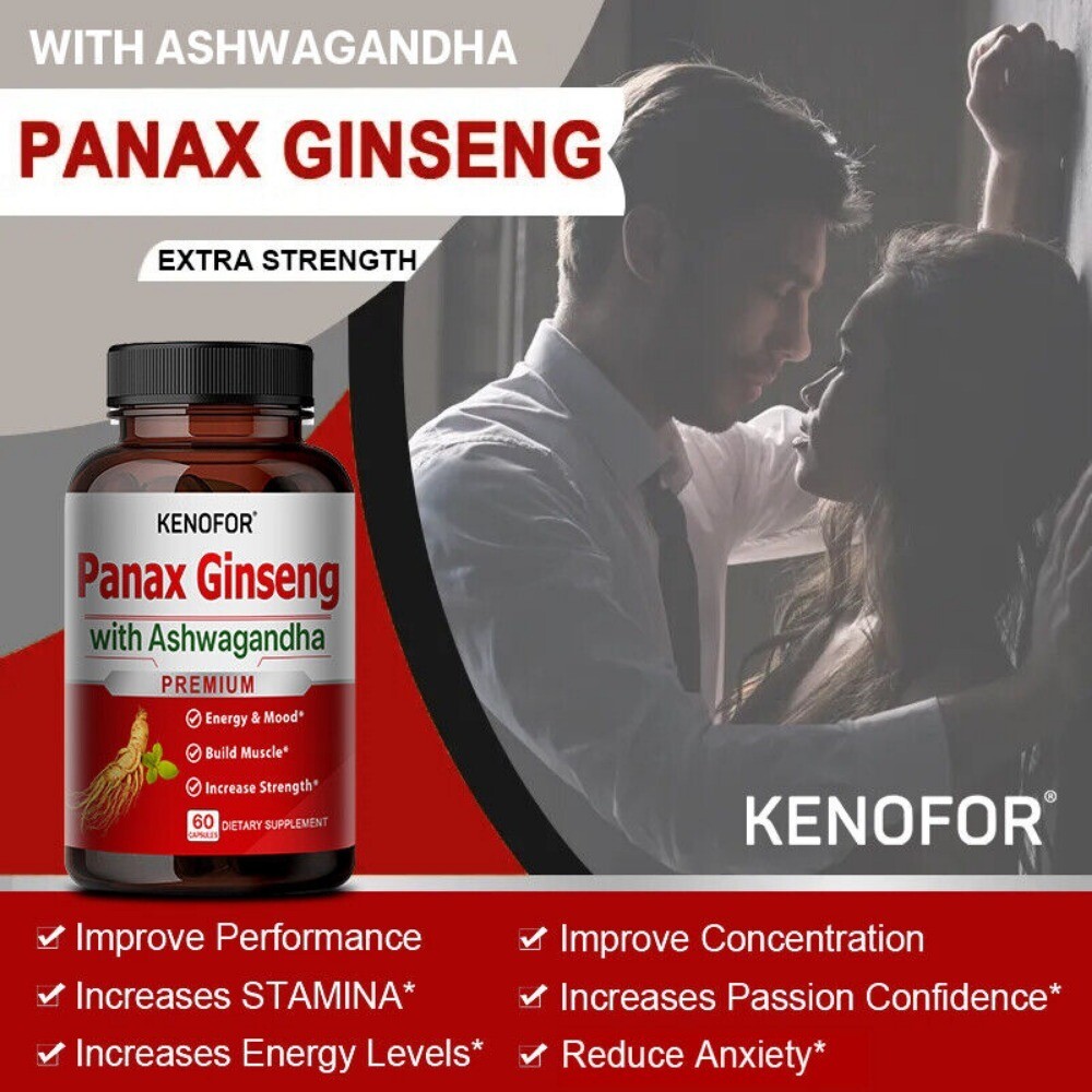 Panax Ginseng with Ashwagandha, Male Muscle Strength Mood Supplement, 60 Caps