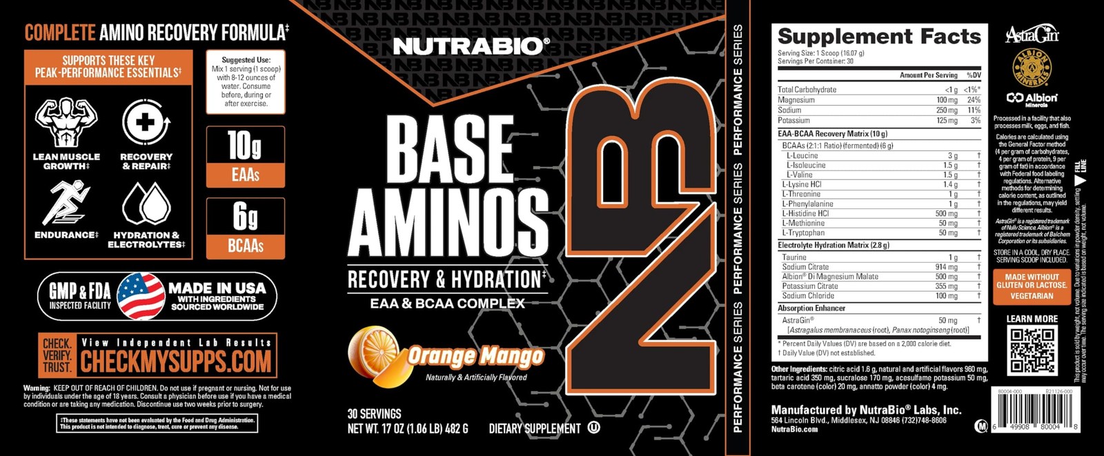 NutraBio Base Aminos EAA BCAA Powder 10g 30 Servings Orange Mango