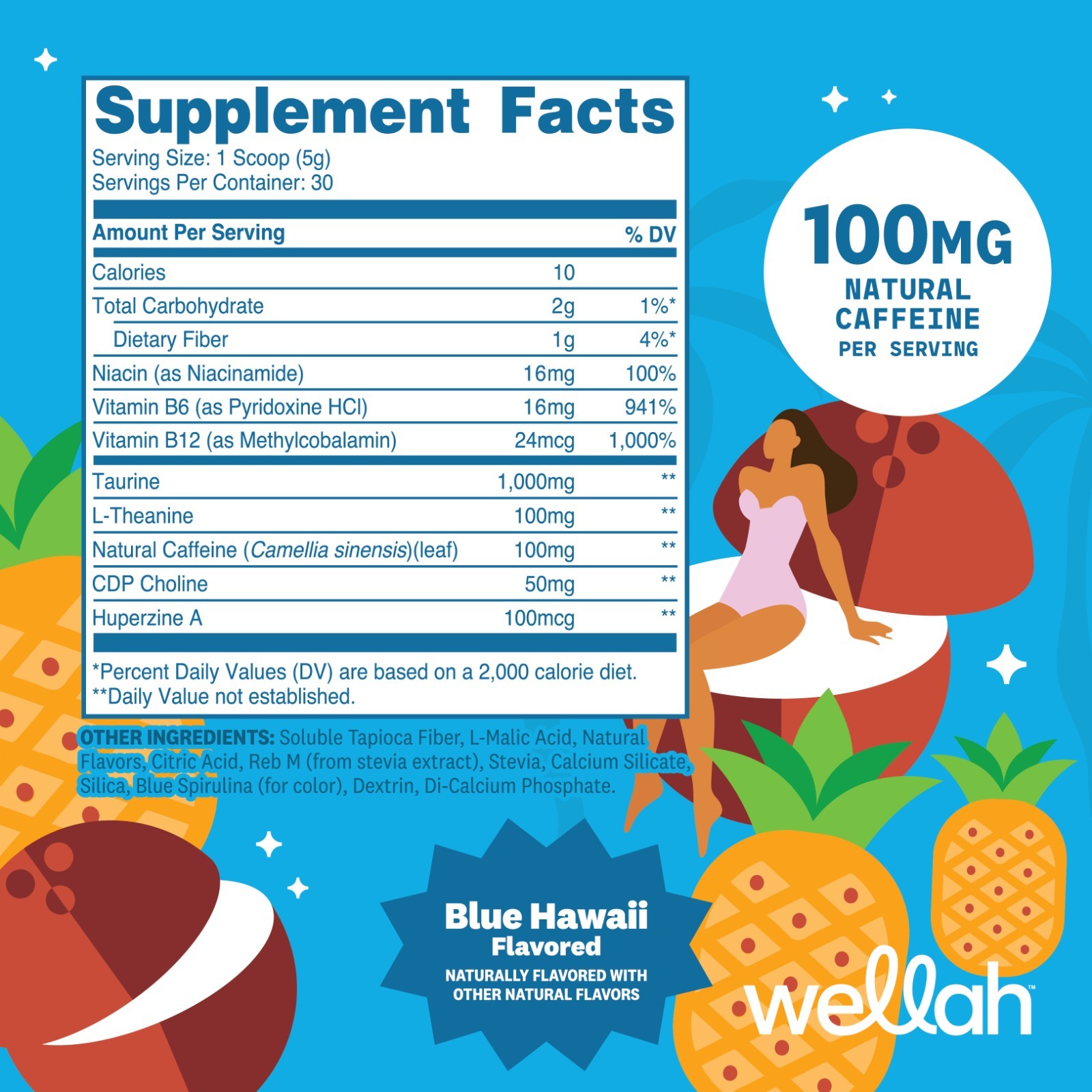 Wellah Energy Powder (Blue Hawaii) 30 Servings – Water Enhancer with Caffeine