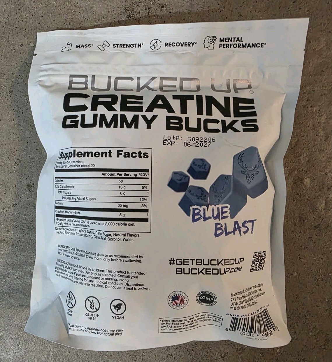 Box Of 5! Bucked Up Creatine Gummies-Blue Blast. 17.6oz/20Ser./bag Exp-06/2027