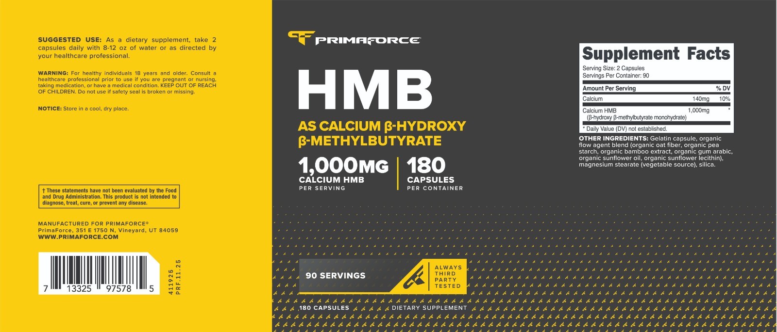 PrimaForce HMB 1000mg, 180 Capsules (500mg Per Capsule)