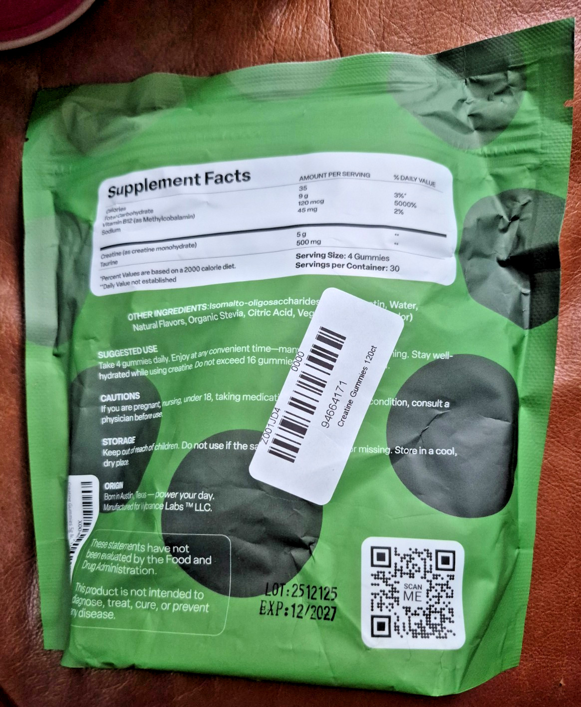 Vybrance Labs Creatine Monohydrate Gummies Green Apple Vegan 120ct 30 Serv