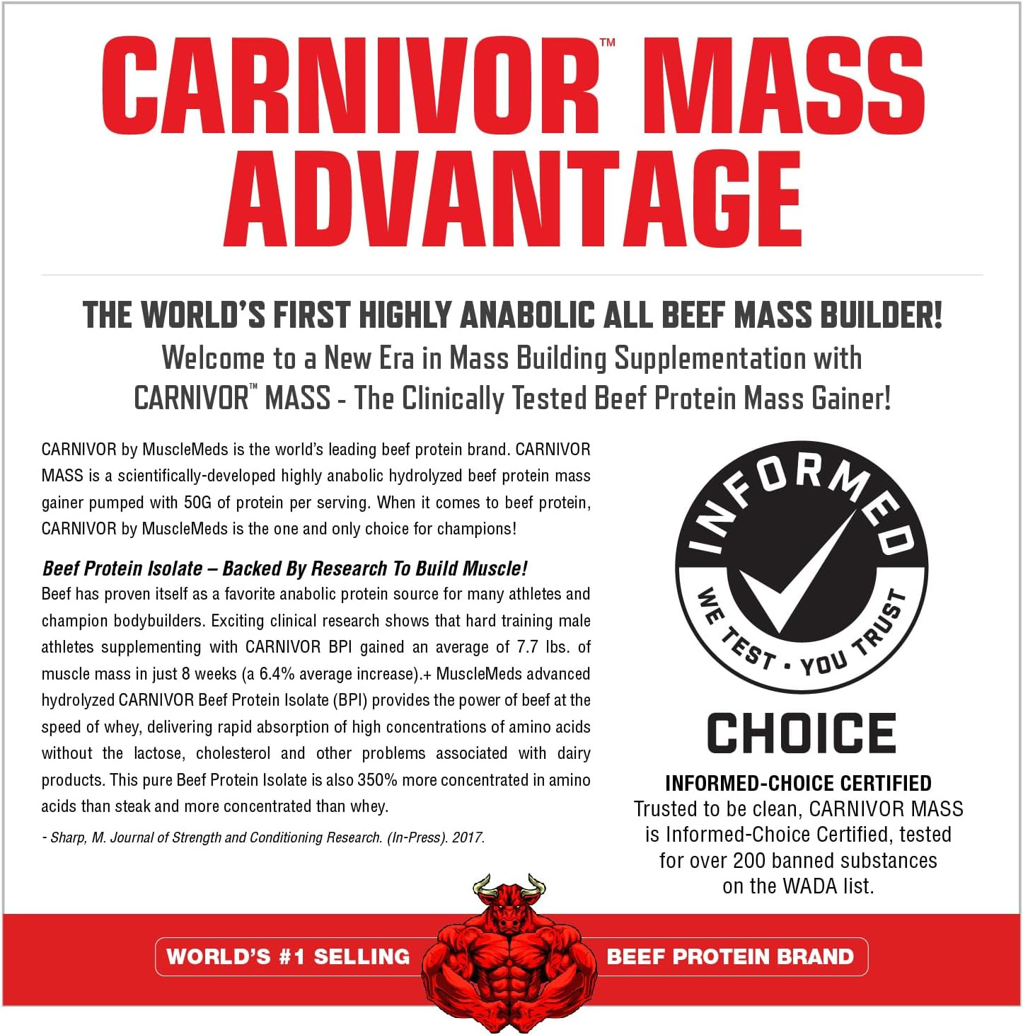 CARNIVOR Mass Gainer Beef Protein Isolate Shake, 50 Grams Protein, 125 Grams Car