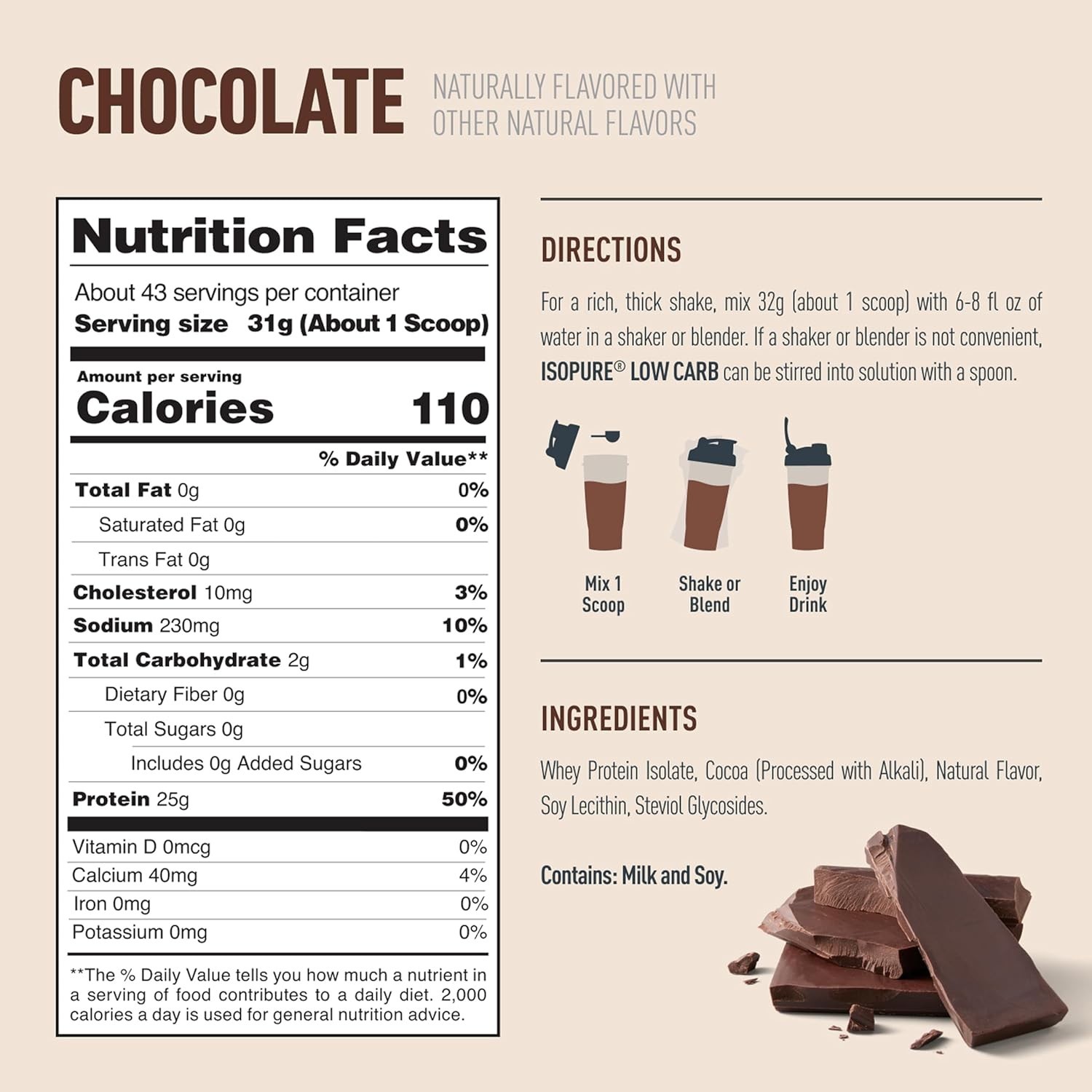 Nature’s Best Isopure Whey Protein Isolate w/ Stevia 25g Natural Chocolate 3lb