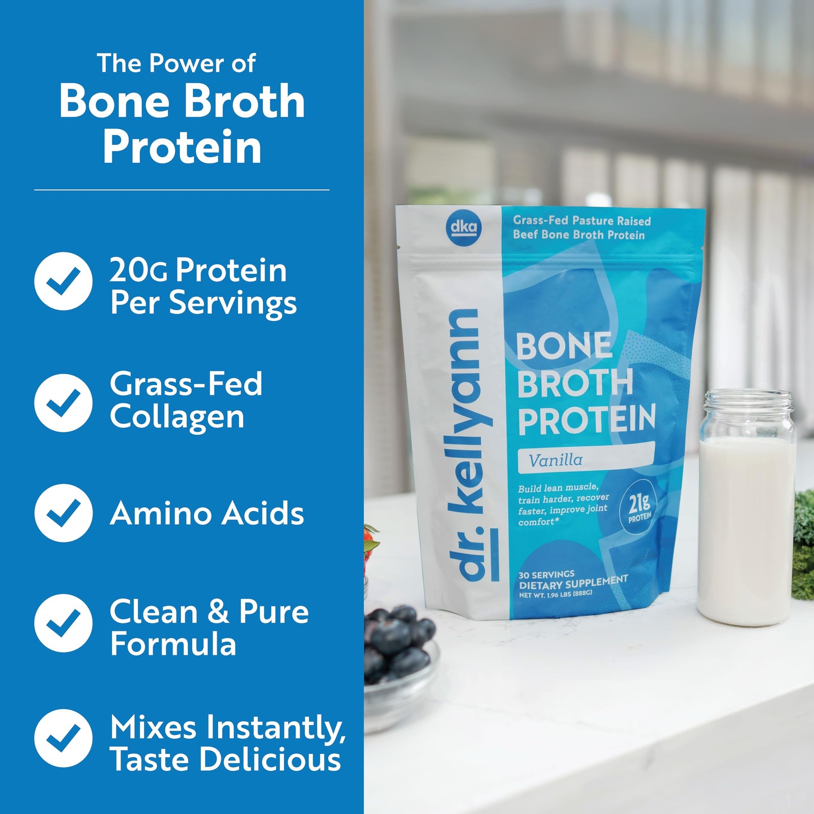 Dr. Kellyann Bone Broth Protein Powder Vanilla (30 Servings) – 21g Protein, Gras