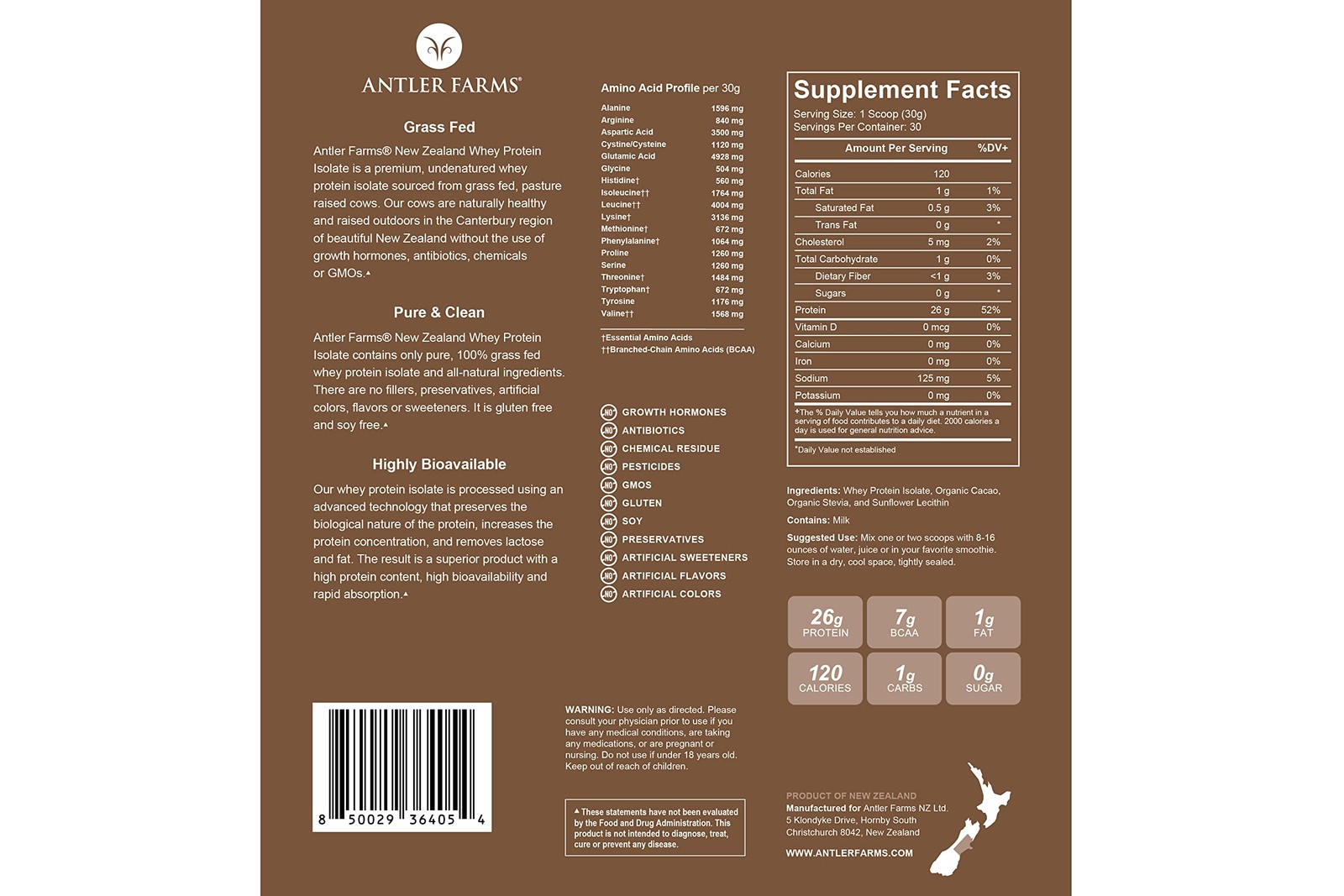 100% Grass Fed New Zealand Whey Protein Isolate, Chocolate Flavor, 2 lbs