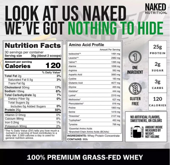 NAKED Whey Grass Fed Protein Powder, Unflavored, 2 lb, 1 Ingredient