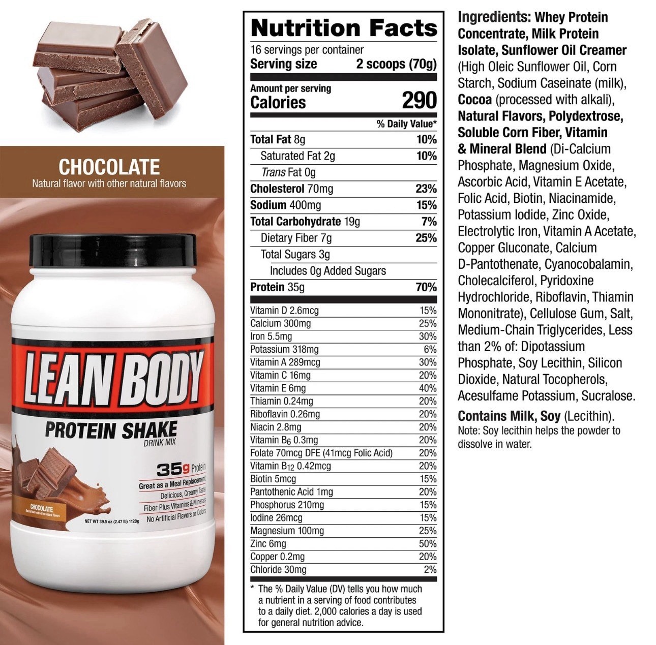 Labrada Lean Body All-in-One Chocolate Meal Replacement Shake 35g Protein Whey B