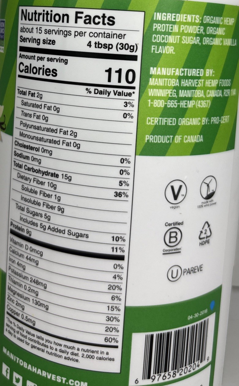 MANITOBA HARVEST—Max Fiber—Hemp Protein Powder—1Ea-16oz—See Below—24 HR SHIPPING