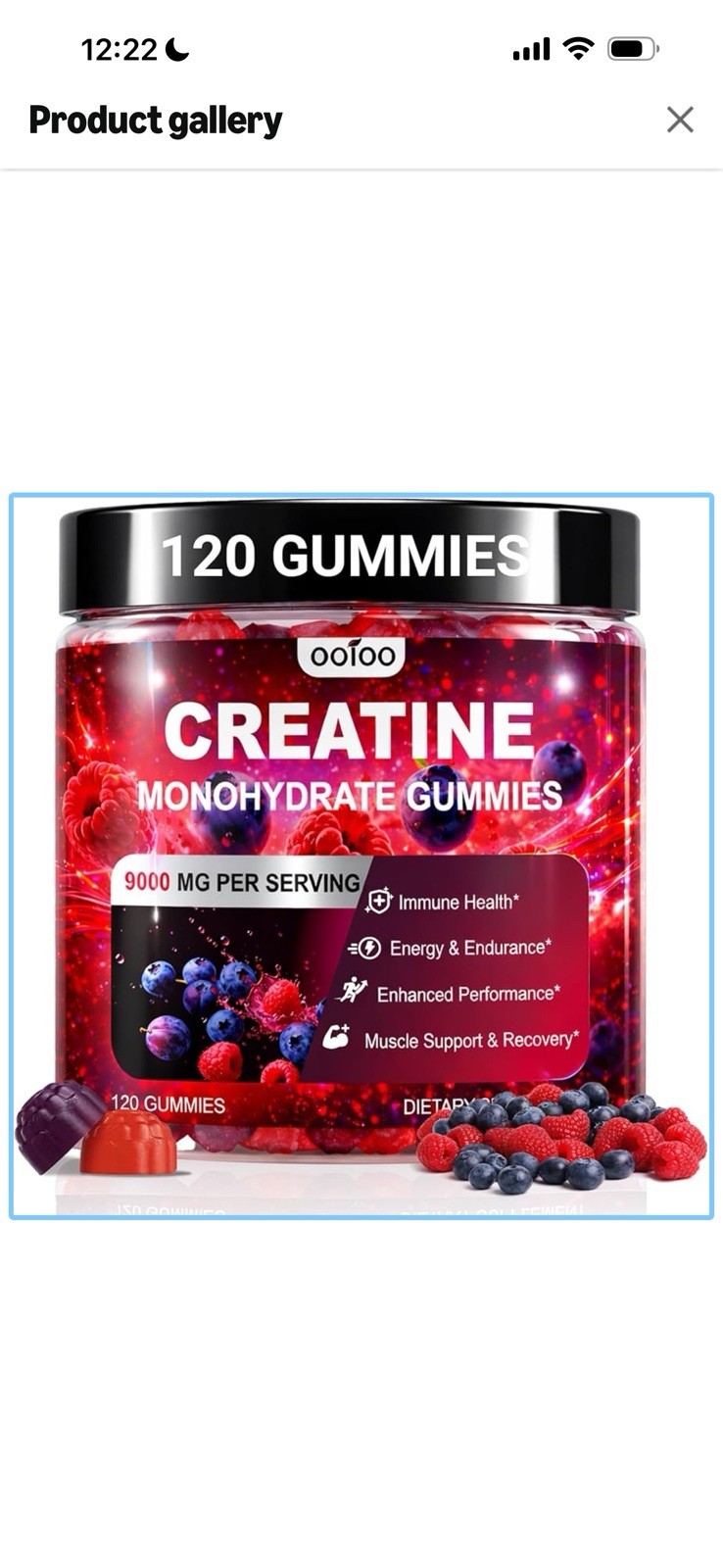 Ootoo Creatine Monohydrate Gummies 120 Count 9000mg Berry Flavor