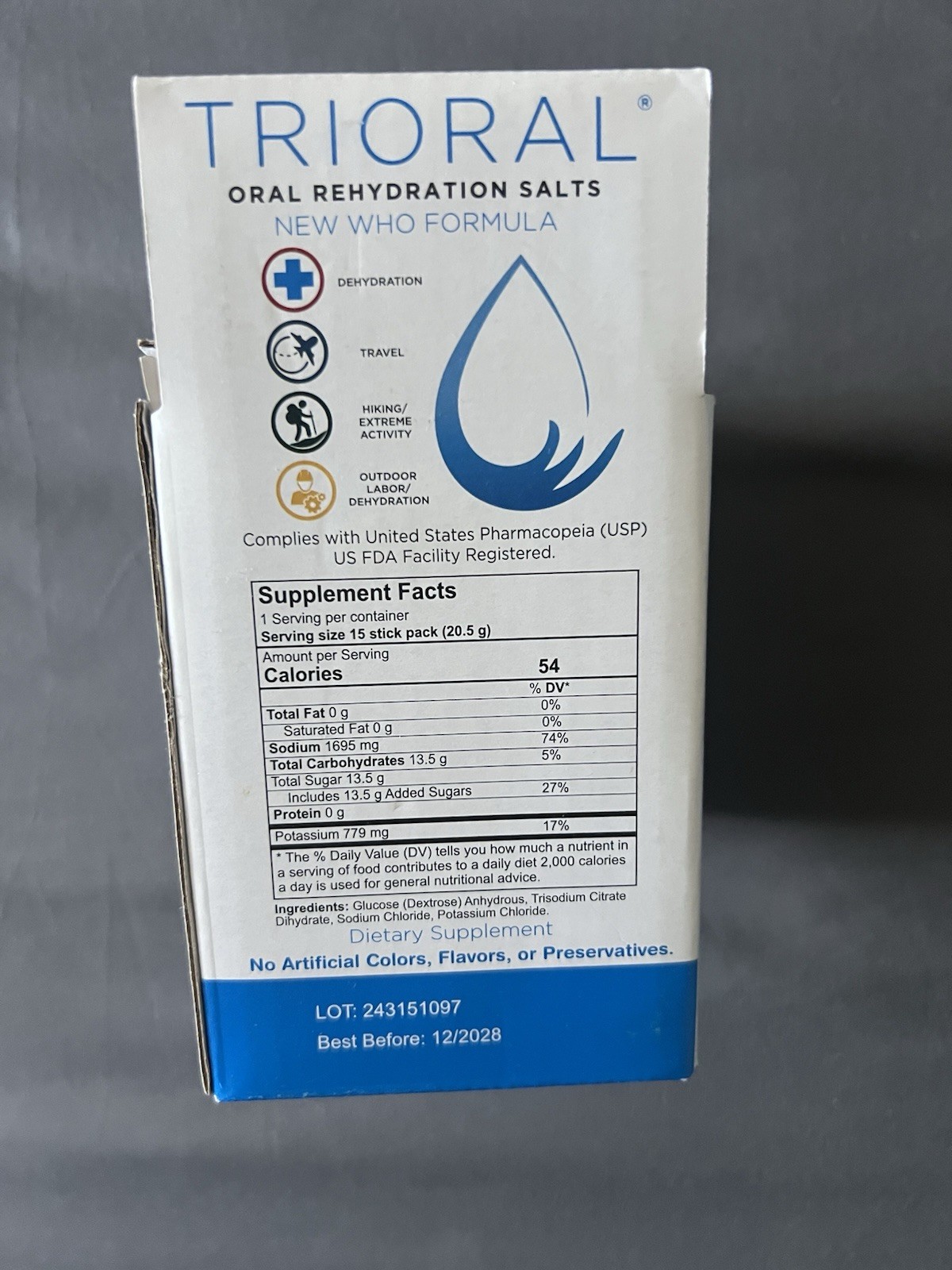 TRIORAL Oral Rehydration Salts WHO Formula 15 Packets Open Box Exp 12/2028