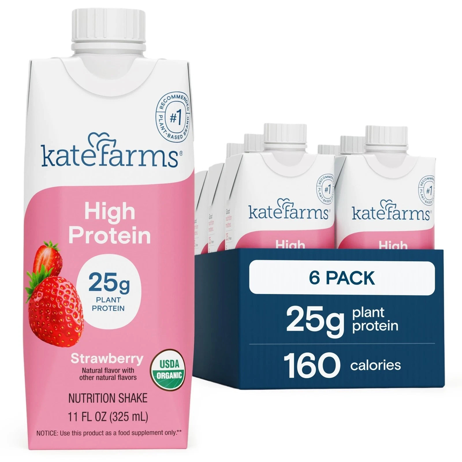KATE FARMS Organic High Protein Strawberry Nutrition 11 Fl Oz (Pack of 6)