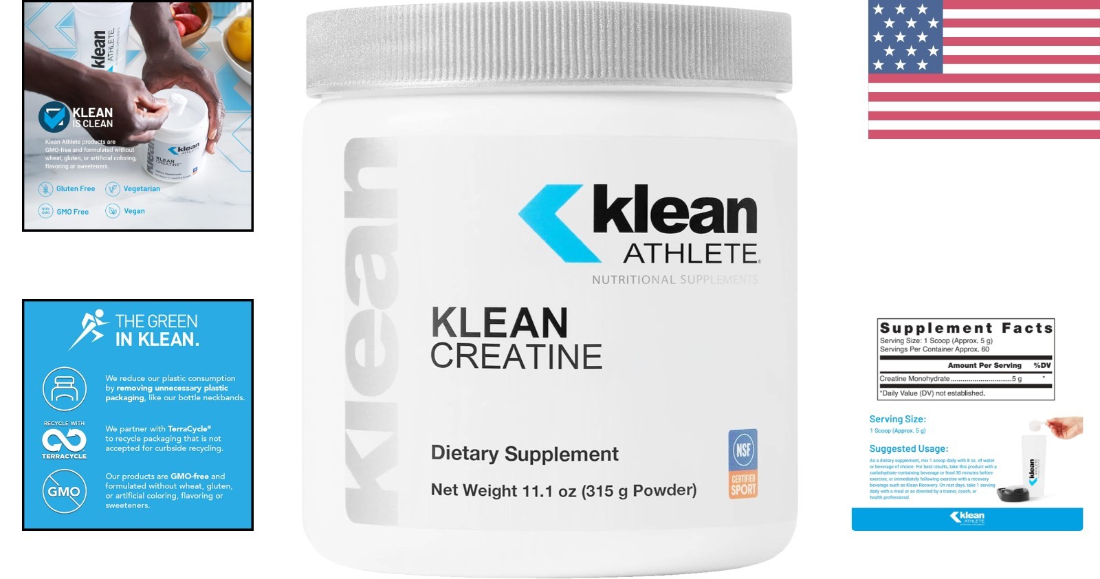 Klean Creatine Powder – NSF Certified, 11.1oz Unflavored for Muscle Strength