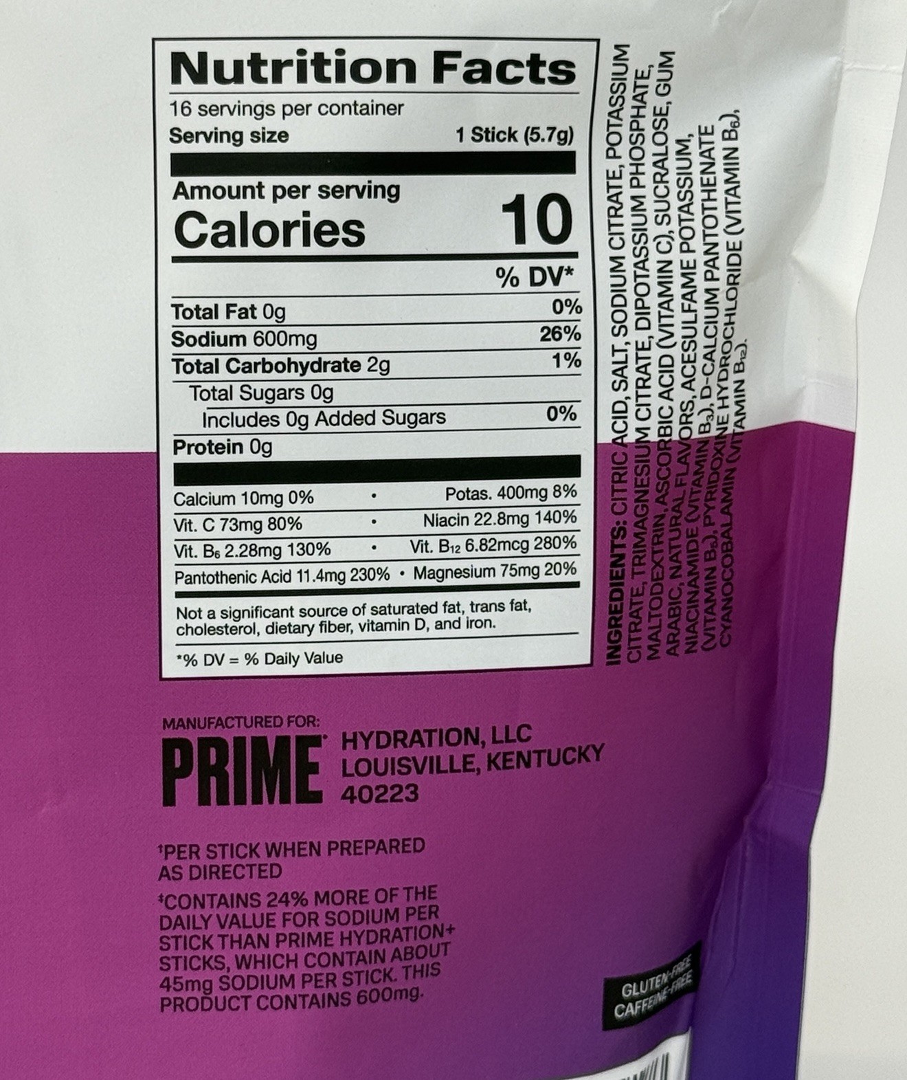 PRIME Electrolyte Hydration Powder Mix 16 Sticks Caffeine-Free Berry Citrus Rush