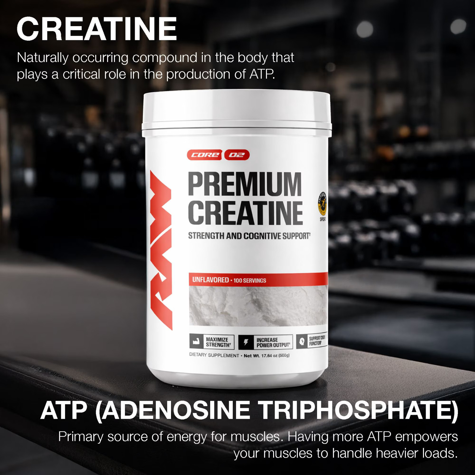 RAW Nutrition Creatine Monohydrate Powder, Unflavored, 510g 100 Servings