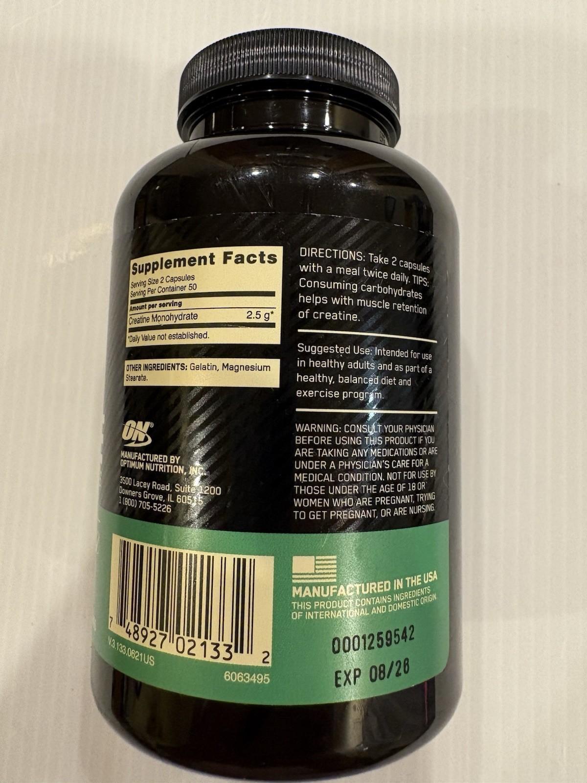 Micronized Creatine Capsules, 100 Capsules (1.25 g per Capsule) Expires 8/2026