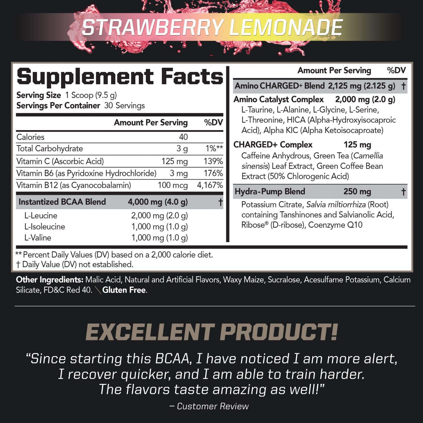 BCAA Charged Amino Acid Drink- Performance – Recovery- Straw-Lemonade (30 Serve)