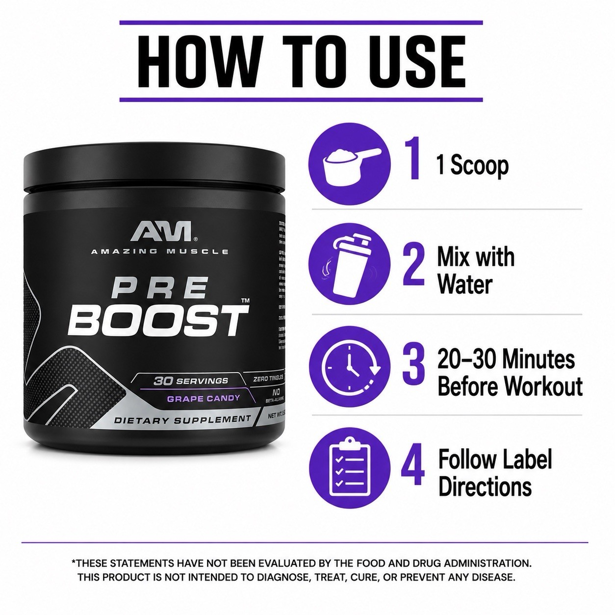 Amazing Muscle Pre Boost Pre Workout Grape Candy 30 Servings Energy Powder