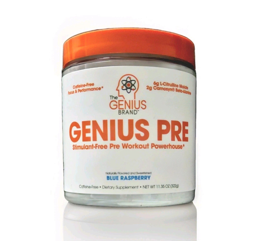 Genius Pre Workout – Blue Raspberry – 11.35 oz Caffeine-Free USA Made Exp. 2026