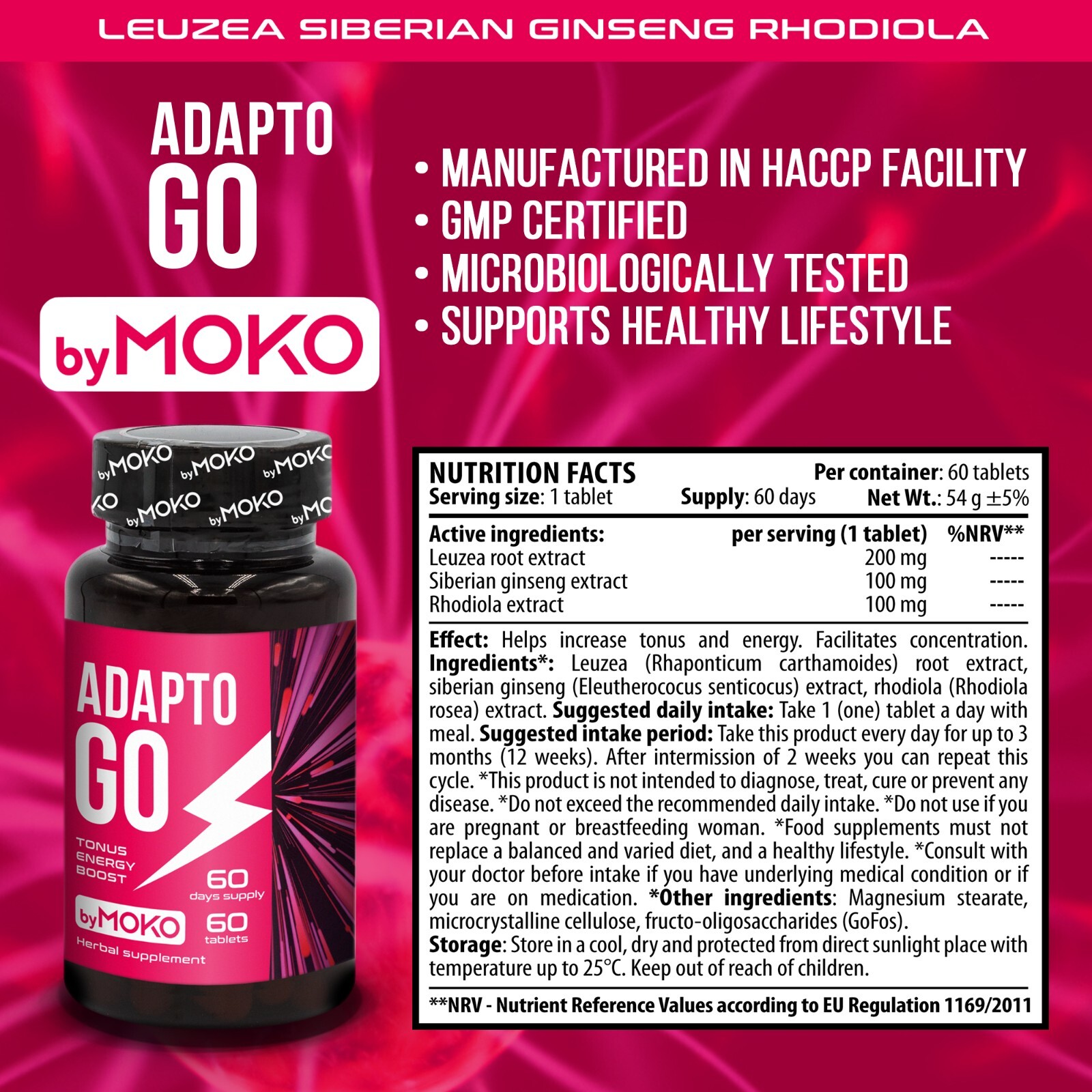 AdaptoGO Leuzea Rhodiola Rosea Ginseng Testosterone Booster Energy 5 x 60 tabs