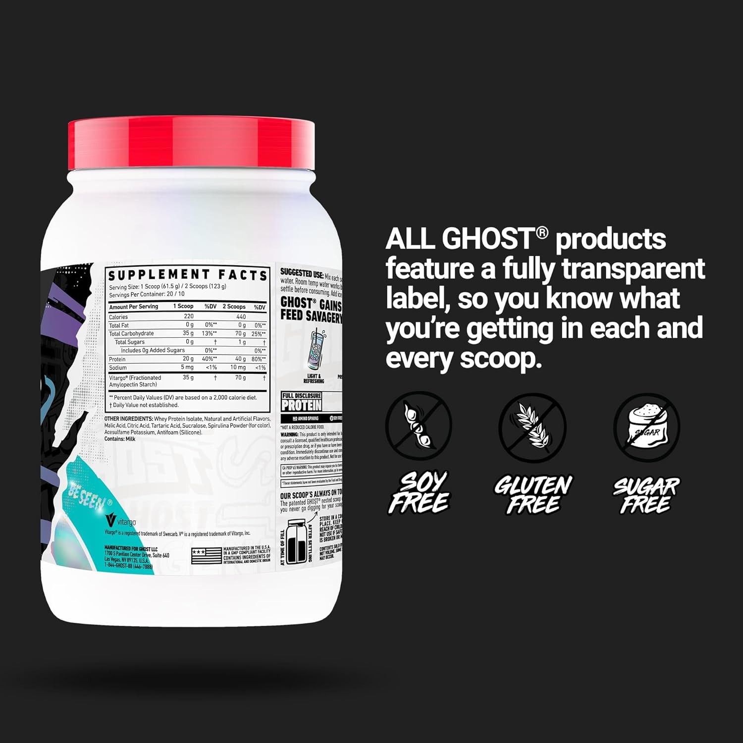 Ghost Clear Gains Mass Gainer Protein Powder 20 Servings Blue Raspberry