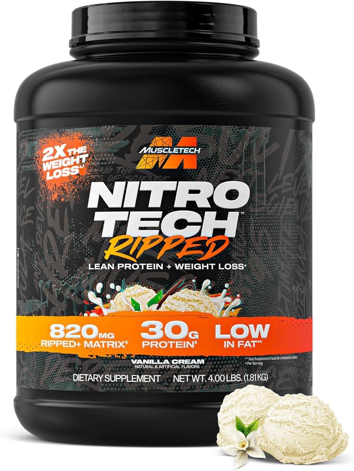 Nitro-Tech Ripped 4LB Whey Protein – Vanilla Cream for Muscle Gain & Metabolism