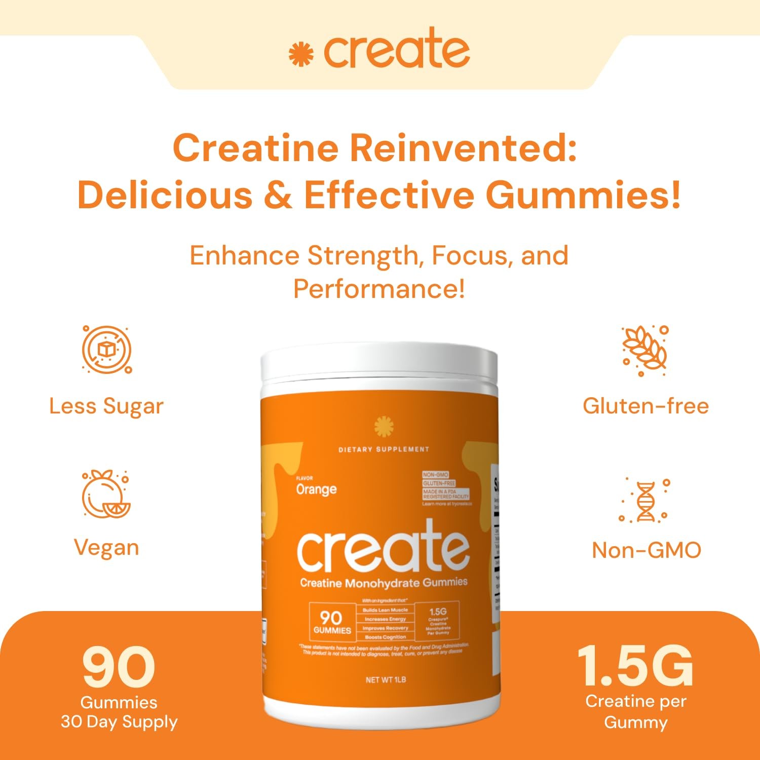 Create Creatine Monohydrate Gummies 1.5g Vegan Focus Strength 90ct Orange