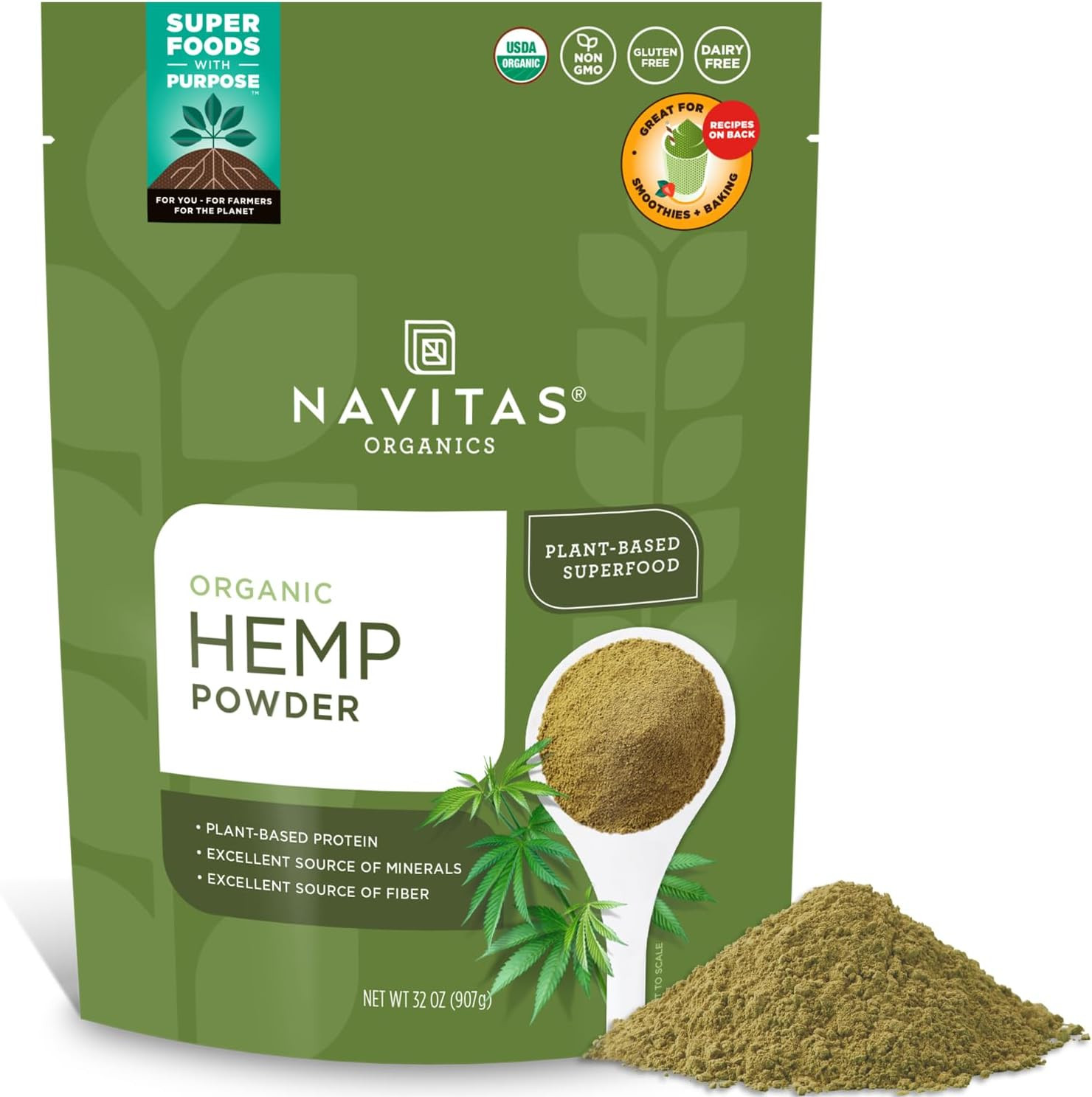 Hemp Powder – Vegan Protein, Fiber & Minerals – for Smoothies, Oatmeal, Baking ,