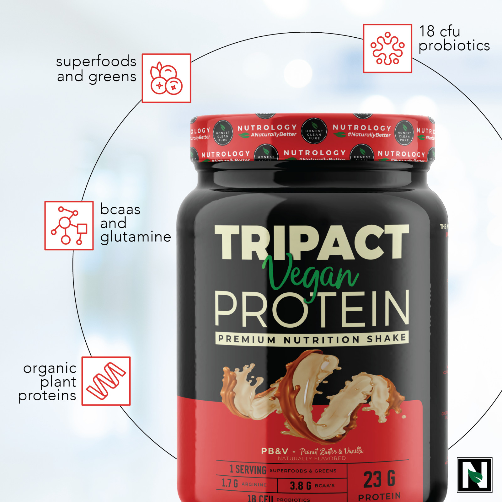 Tripact Vegan Protein–Non-GMO–Organic Plant Proteins–Peanut Butter Vanilla