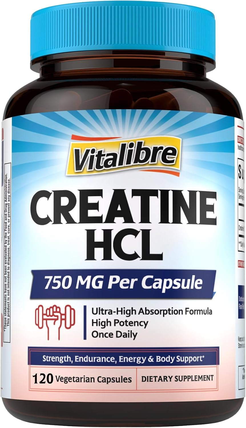 Vitalibre Creatine HCl Capsule, 750mg High Absorption Creatine Hydrochloride, En