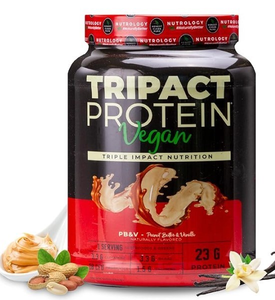 Tripact Vegan Protein–Non-GMO–Organic Plant Proteins–Peanut Butter Vanilla