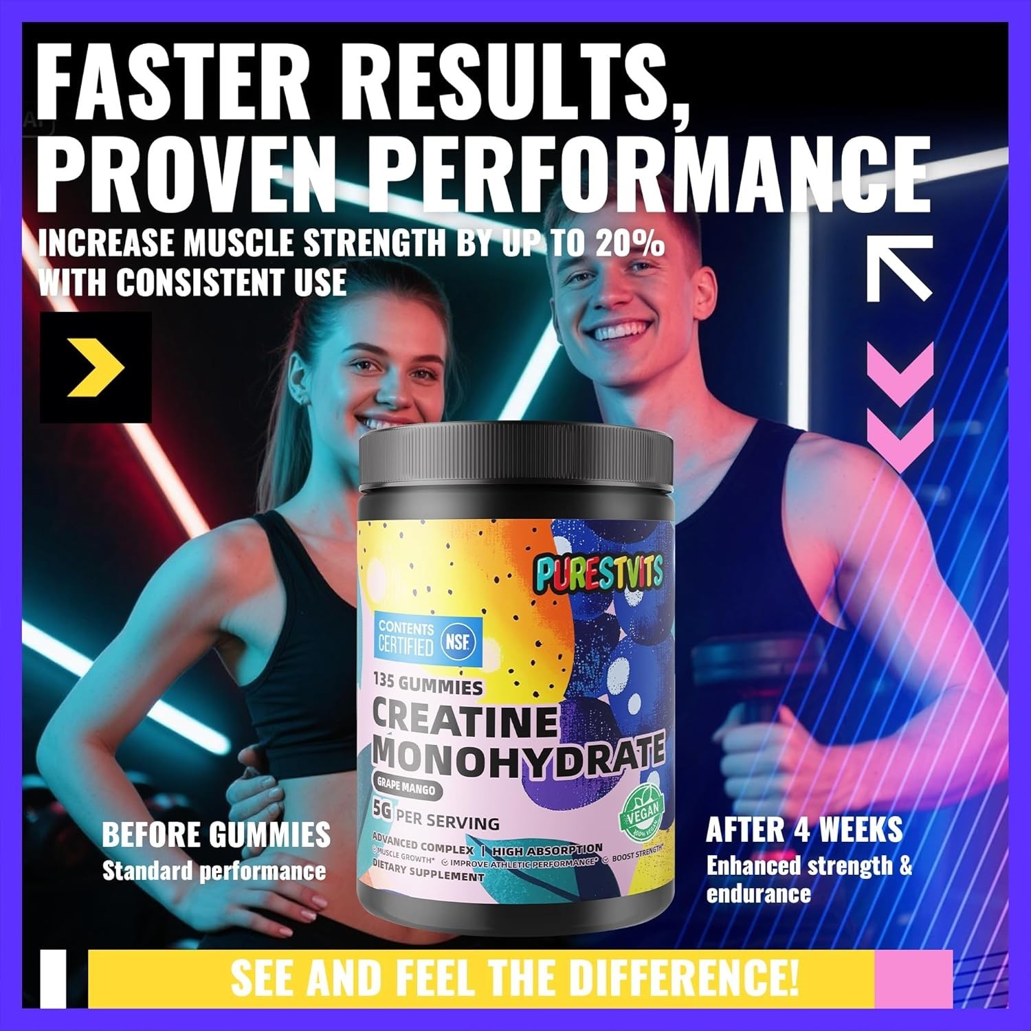 Delicious Muscle Growth Gummies – 5g Creatine Monohydrate, 135 Count, Sugar-Free