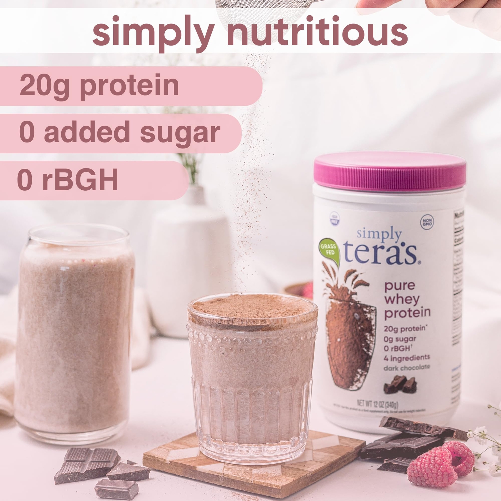 1.5 lb Grass Fed Whey Protein Powder Dark Cocoa Gluten Free Low Sugar