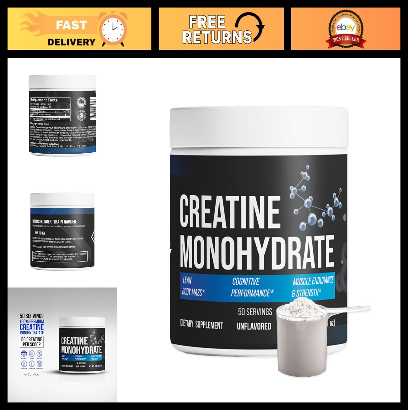 Pure Creatine Monohydrate Powder – Vegan, Gluten-Free, No Additives – 50 Serving