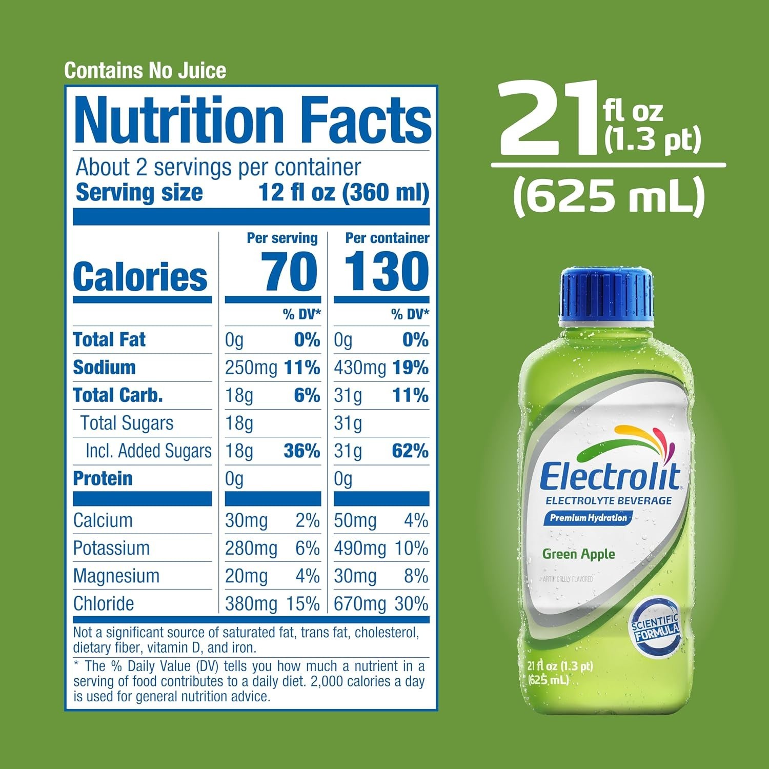 Electrolit, Electrolyte Beverage, Green Apple, 21 Fl Oz bottle (Pack of 12)
